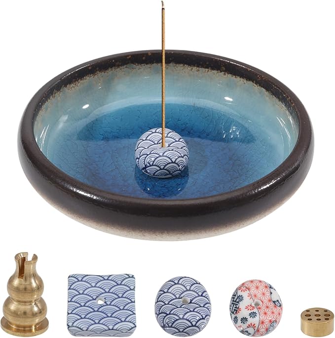 CHGCRAFT 5 Pcs 5 Style Incense Burner Holder Porcelain Incense Stick Holder Blue Japanese Style Smudge Bowl Brass Burning Meditation Accessories