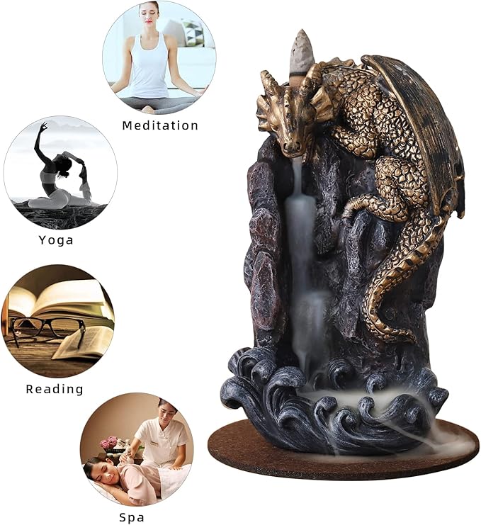 Dragon Backflow Incense Holder Waterfall Incense Burner, with 100 Backflow Incense Cones,1 Mat,1 Tweezers，Aromatherapy Ornamental for Home Office Yoga （Golden Dragon）