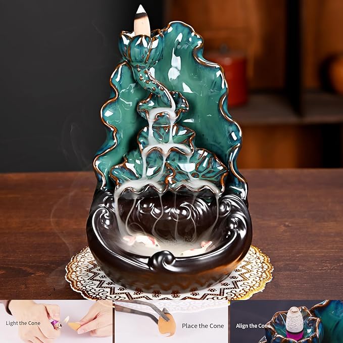 Mountain Waterfall Incense Burner，Backfall Incense Holder River, Incense Falls Meditation Decor for Room with Upgrade Incense Cones and Accessories (Lotus Leaf)