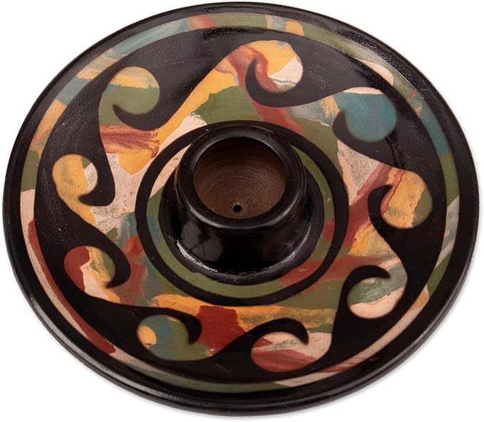 NOVICA Artisan Handmade Ceramic Incense Holder Wavy Patterned Round Green Peru 'Ancestral Waves'