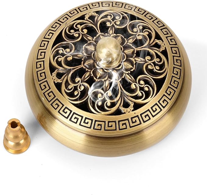Copper Incense Burner with Stick Holder, Incense Stick Holder Cone Coil Holder with Fireproof Cotton for Madiation Yoga Spa Home Office Decor (Brass)