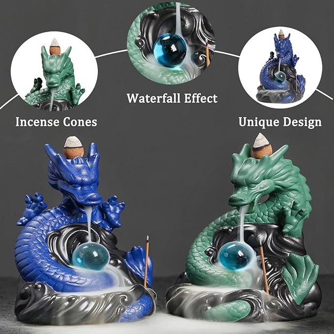 Dragon Waterfall Incense Burner,Backflow Incense Burner with 20 Incense Cones and 30 Incense Sticks，Ceramic Incense Cone Holder Used for Relaxation, Meditation, and Home Decoration (Blue)