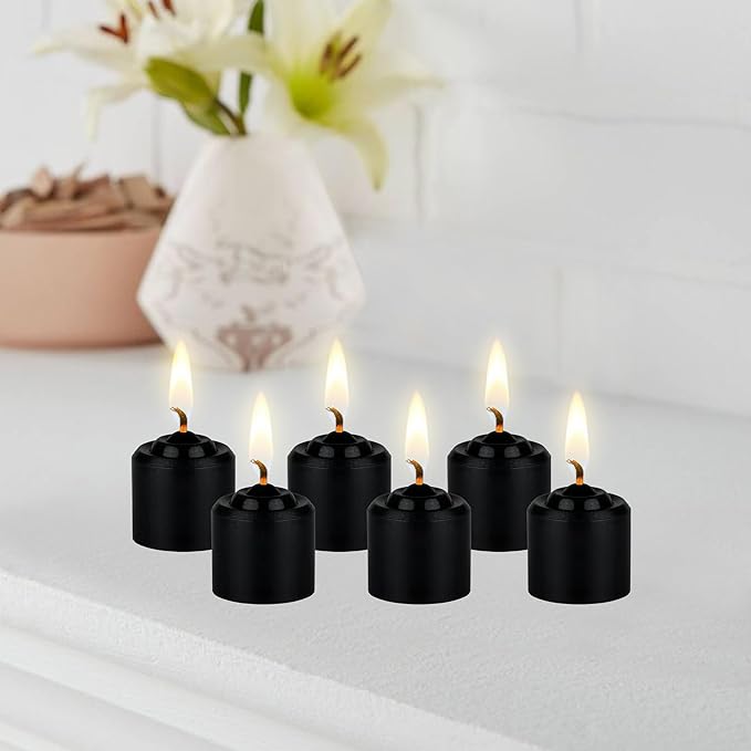 Mega Candles 12 pcs Unscented Black Votive Candles, Hand Poured Wax Candle 10 Hours 1.38 Inch x 1.5 Inch, Home Décor, Wedding Receptions, Centerpieces, Occasions, Events, Meditations, Holders