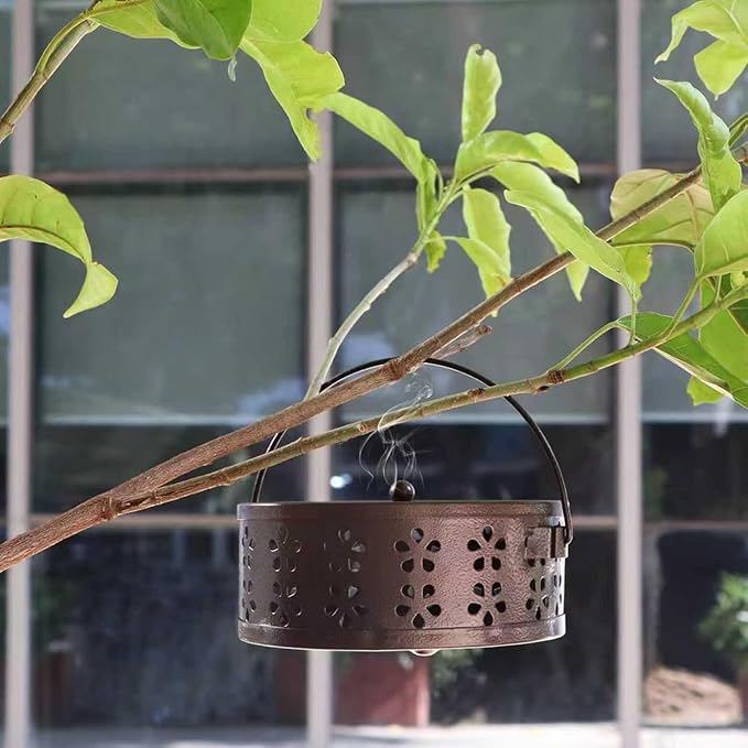 Portable Mosquito Coil Holder with Handle Round Heat-Resistant Iron Incense Coil Holder (Bronze)