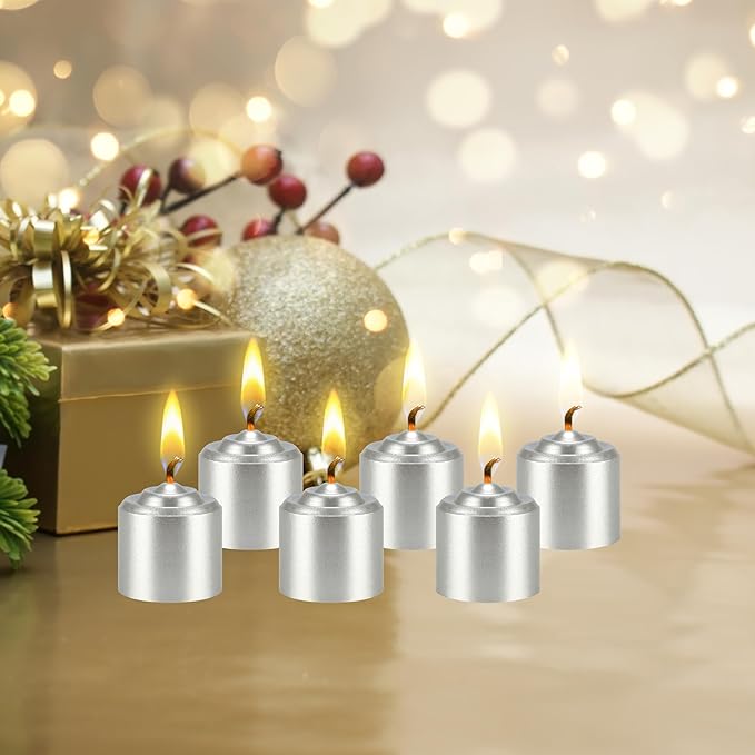 Mega Candles 12 pcs Unscented Silver Votive Candles, Hand Poured Wax Candle 10 Hours 1.38 Inch x 1.5 Inch, Home Décor, Wedding Receptions, Centerpieces, Occasions, Events, Meditations, Holders