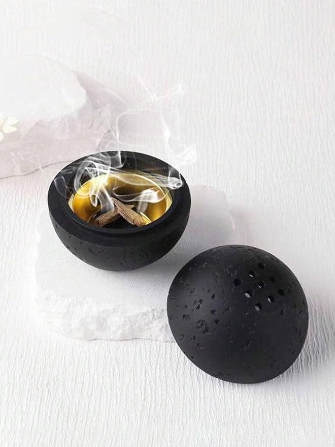 9 Holes Handmade Round Incense Resin Burner Holde, Minimalist Sphere Incense Frankincense Burner, Ravertine Incense Cone Holder for Yoga Meditation Spa Reading (Black)