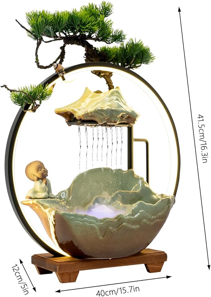 Backflow Incense Holder with Water Fountains and LED Light, Rockery, Meditation Monk and Plants Perfect for Relaxing or Home Decor (Meditation Monk)