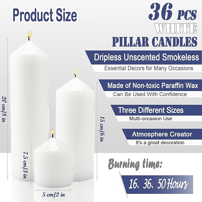 36 Pcs White Pillar Candles Bulk Set，Hurricane Candles，3 Different Lengths (12 Each)，Dripless Unscented Smokeless，Gives You a Better Atmosphere When Organizing an Event Party.