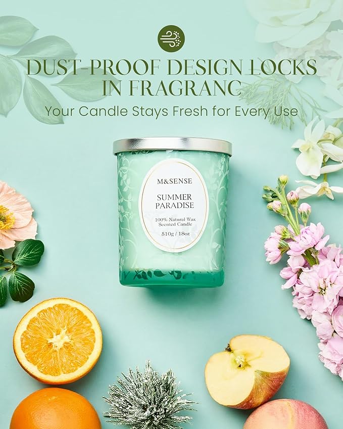 M&SENSE Citrus Pine Scented Candles Summer Paradise, Wooden Wick Candle with Lid, 100 Hours Slow Burning No Toxin Natural Soy Wax 18oz, Air Purifying Calm Relax Home Fragrance, Housewarming Gifts