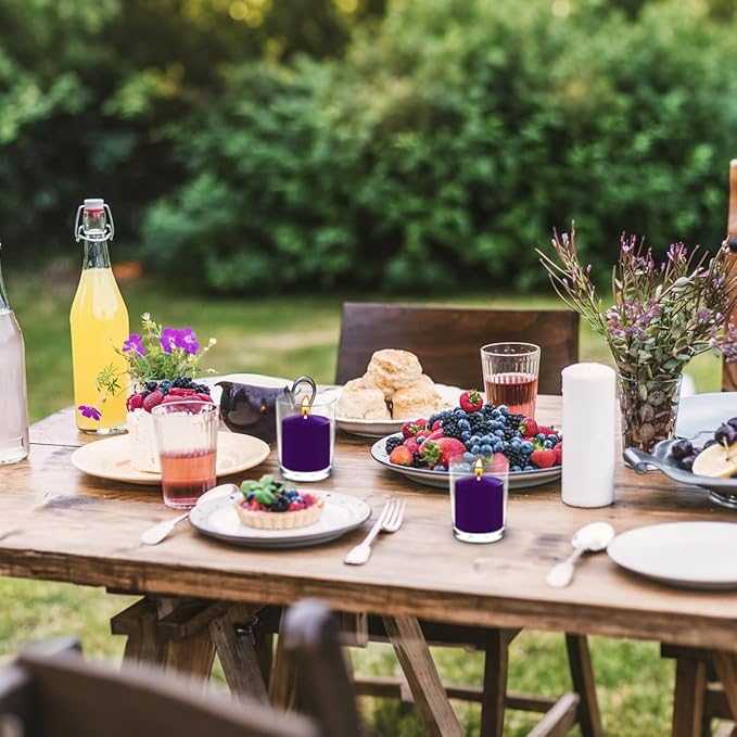 9 Packs Purple Votive Candles, Unscented Small 1.5 Inch by 1.25 Inch Non-Toxic Dripless Colored Wax Votives for Home Holiday Party Table Decor - 8 Hour Burn Time