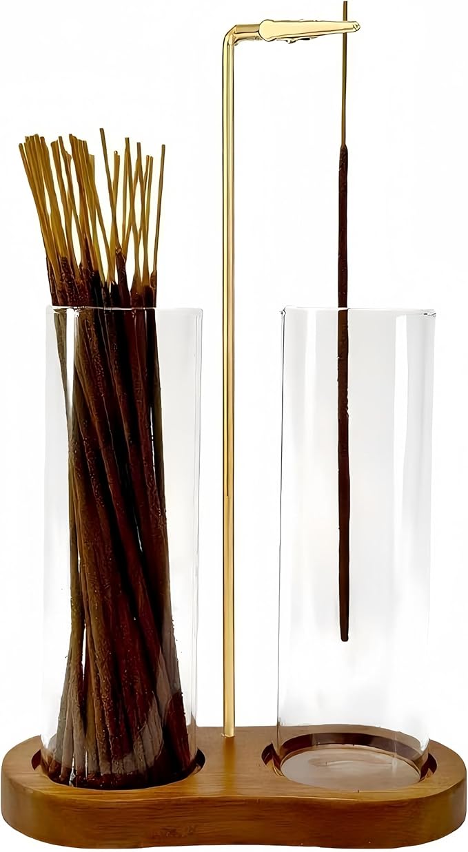 Glass Incense Holder,2 in 1 Incense Sticks Burner Holder with Storage,Hang Upside Down Incense Holder for Sticks with Glass Ash Catcher for Meditation Yoga Spa Room Decor (Brown)