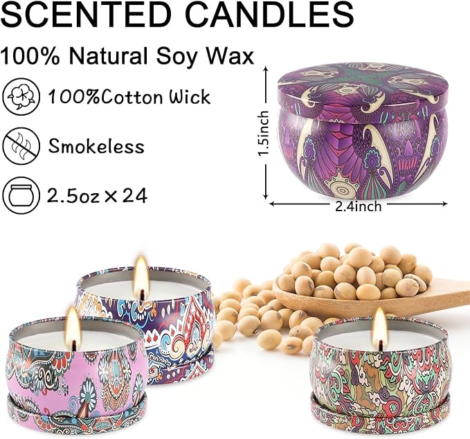 24 Pack Scented Candles Set for Home, Relaxing Stress Relief, Aromatherapy - Natural Soy Wax and Fragrance - Gifts for Women, Mom, Best Friend, Wife, Birthday