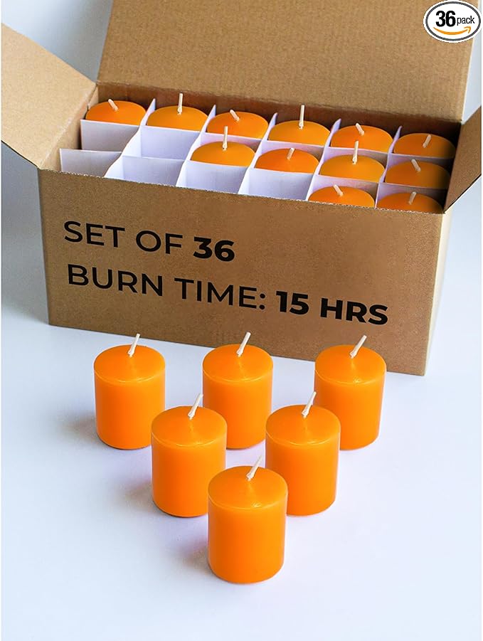 CANDWAX Orange Votive Candles Bulk Pack - Perfect as a Halloween Unscented Candle Set of 36-1.5x1.7 inch Fall Long Lasting Votives