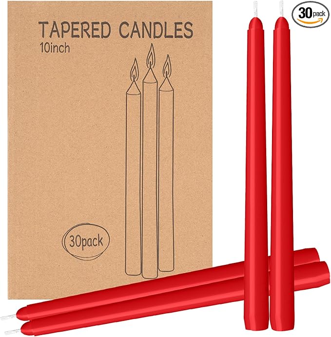 30 Pack Red Taper Candles - Taper Candles 10 Inch Dripless, Smokeless & Unscented - 8 Hours Long Burning - Hand Poured Tall Candlesticks - Ideal for Weddings, Dinner Parties, and Home Decor