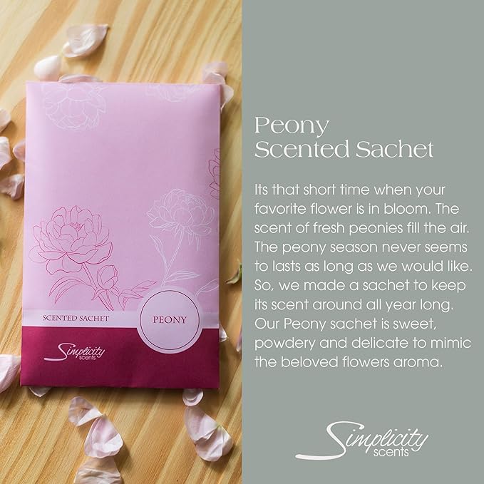 Peony Scented Sachets Pack of 6, Spring and Summer - Long-Lasting Scented Bags, Home Fragrance, Air Freshener & Deodorizer for Closet, Room, Drawer, or Cars, Made in USA