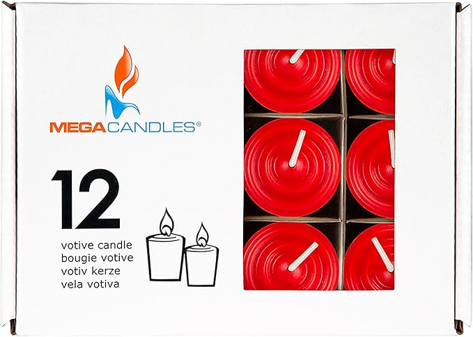 Mega Candles 12 pcs Unscented Red Votive Candles, Hand Poured Wax Candle 15 Hours 1.5 Inch x 2.25 Inch, Home Décor, Wedding Receptions, Centerpieces, Occasions, Events, Festivities, Meditations