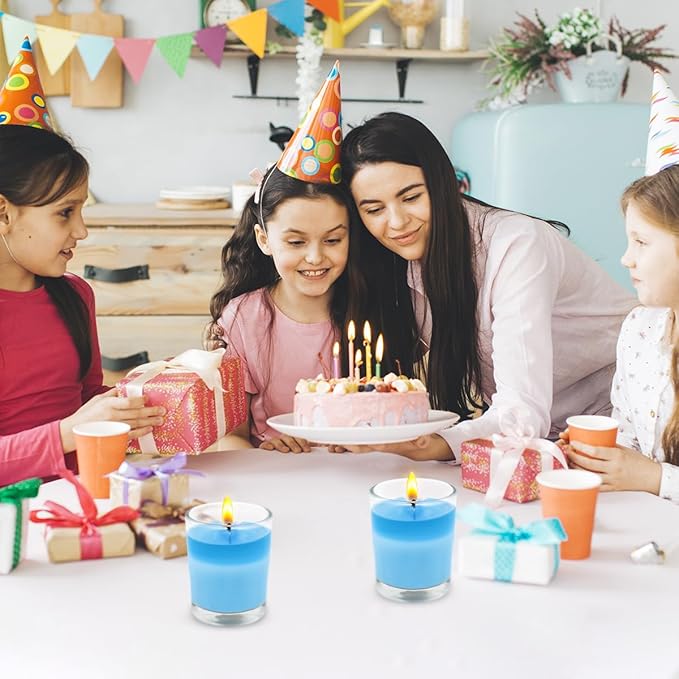 Set of 20 Babyblue Votive Candles Clear Glass Filled Unscented Soy Wax Candle for Home Spa Weddings Holiday Baby-Shower Party and DIY