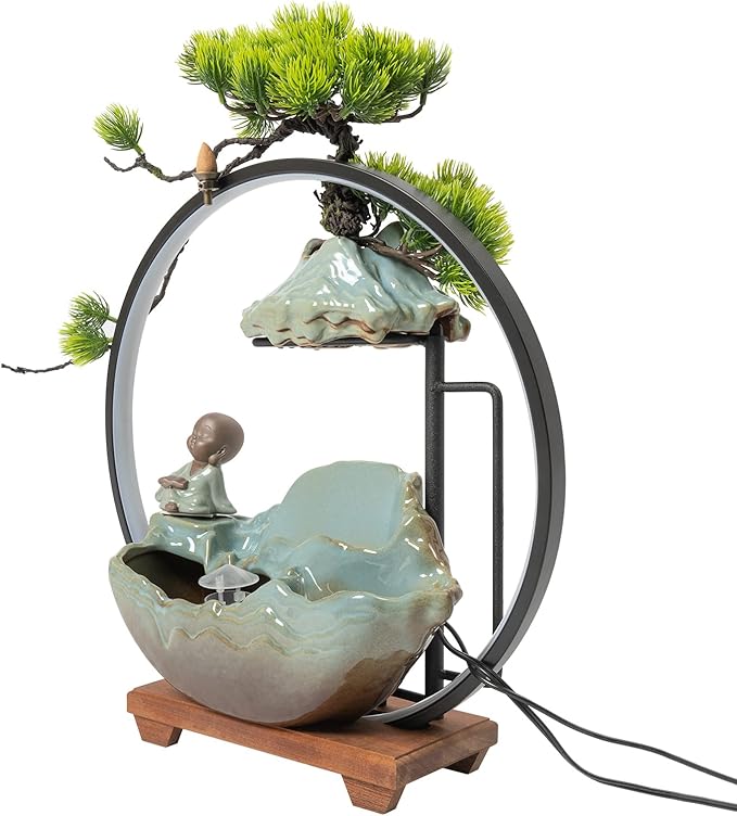 Backflow Incense Holder with Water Fountains and LED Light, Rockery, Monk and Plants Perfect for Relaxing or Home Decor (Monk witn Rockery)