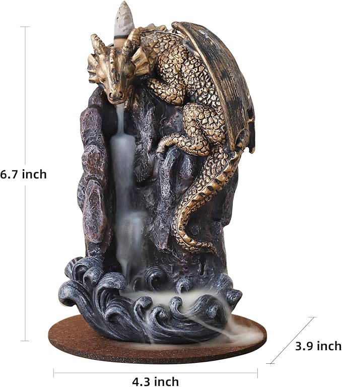 Dragon Backflow Incense Holder Waterfall Incense Burner, with 100 Backflow Incense Cones,1 Mat,1 Tweezers，Aromatherapy Ornamental for Home Office Yoga （Golden Dragon）