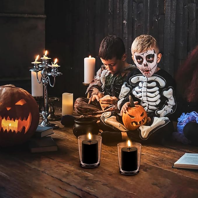 2.0 inch Black Votive Candles, 24 Packs Unscented Small Dripless Wax Candles for Halloween Wedding, Party, Holiday & Home Decor, 12 Hour Burning