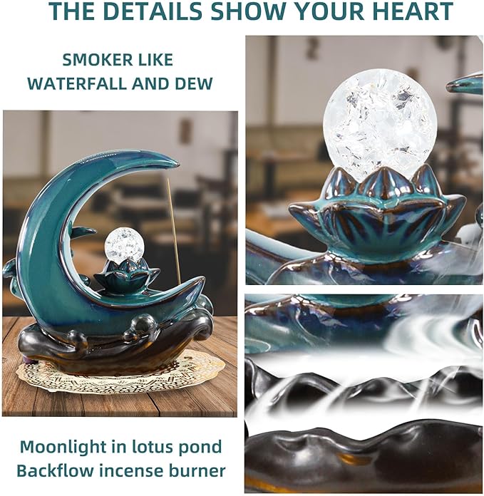 Moon Backflow Incense Burner,Ceramic Incense Cone Holder, Incense Waterfall Fountain,Backflow Incense Holder with 60 Backflow Incense Cones and 40 Incense Sticks