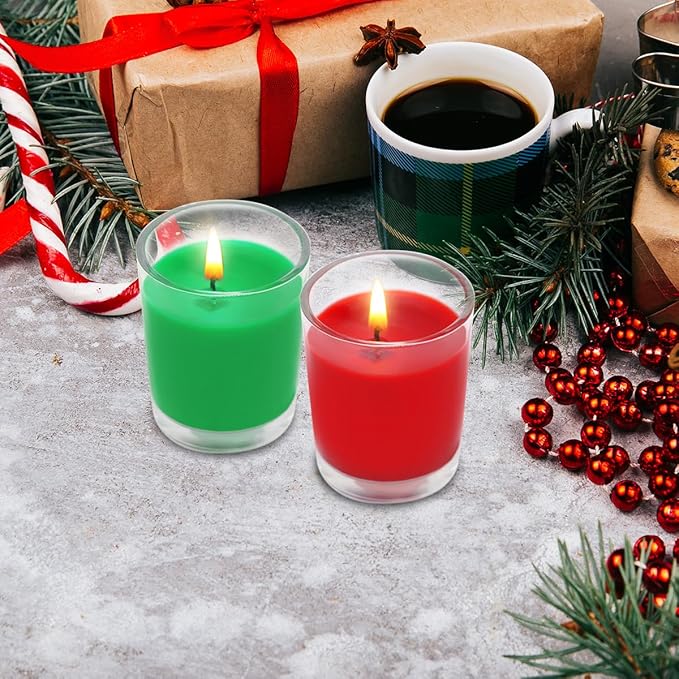 Set of 4 Green Votive Candles for Christmas and St. Patrick's Day, Clear Glass Filled Unscented Soy Wax Candle for Spring Home Decoration and DIY