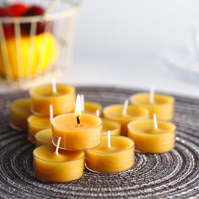 24 Pack Beeswax Tealight Candles,Natural Beeswax Candles Bulk 4 Hour Burn Time,Yellow Tea Lights Candle for Home Decoration,Wedding,Party, Centerpiece
