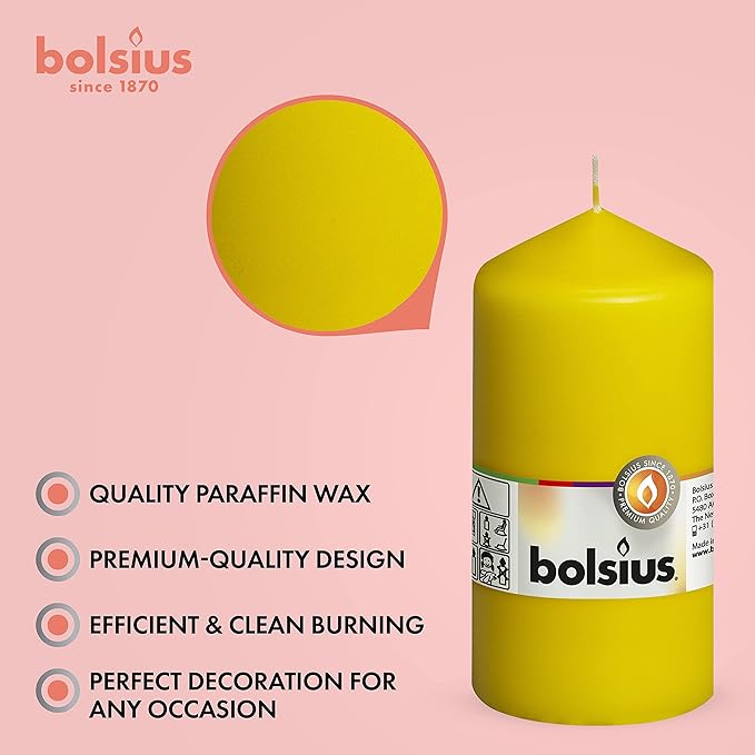 BOLSIUS 8 Yellow Pillar Candles - 2.75 x 5 Inches - Premium European Quality - Individually Wrapped - 43 Hours Burn Time - Dripless & Smokeless - Unscented Dinner, Wedding, Party, & Restaurant Candles