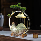 Backflow Incense Holder with Water Fountains and LED Light, Rockery, Meditation Monk and Plants Perfect for Relaxing or Home Decor (Meditation Monk)