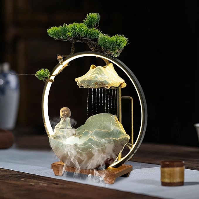 Backflow Incense Holder with Water Fountains and LED Light, Rockery, Meditation Monk and Plants Perfect for Relaxing or Home Decor (Meditation Monk)