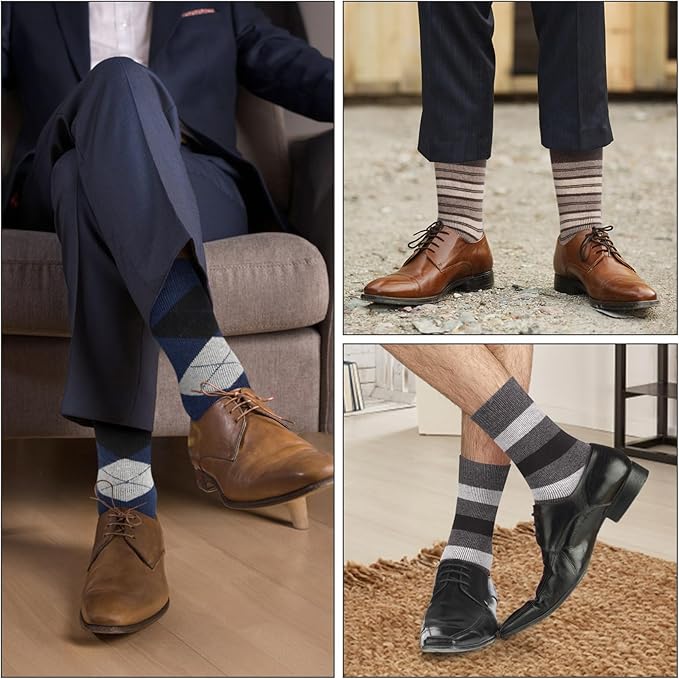6 Pairs Merino Wool Socks for Men Thick Warm Thermal Winter Striped Dress Hiking Crew Men Socks Size 9-14
