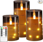 Flameless Candle with String Light, Battery Powered Candle, Recessed String LED Candle, Indestructible Plexiglass Candles with Remote Control, Set of 3, Gray