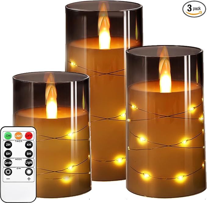 Flameless Candle with String Light, Battery Powered Candle, Recessed String LED Candle, Indestructible Plexiglass Candles with Remote Control, Set of 3, Gray