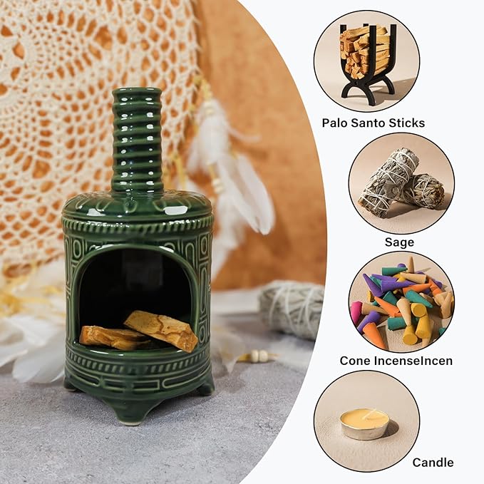 Handmade Ceramic Palo Santo Holder & Mini Chiminea Incense Dish-Perfect for Palo Santo Sticks, Altar，Sage, and Cone Burning-Zen Decor for Energy Cleansing, Yoga, Meditation & Aromatherapy