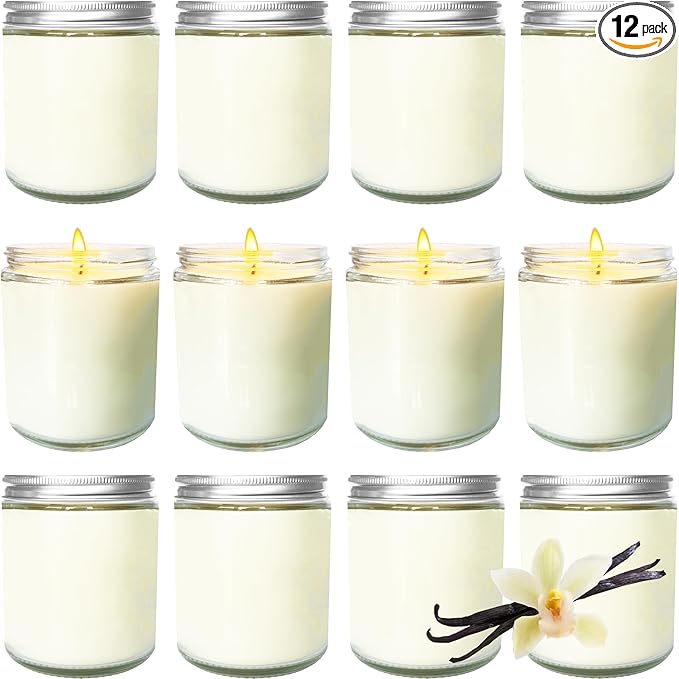 12 Pcs 8 Oz Bulk White Soy Candles,Vanilla Scented Candles Set,Bulk Aromatherapy Candle,Great Stress Relieving Scented Candle for Girls as a Gift for Birthdays, Weddings and More!