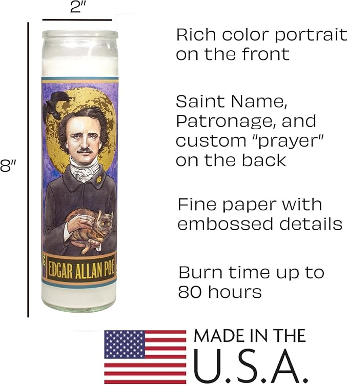 The Unemployed Philosophers Guild Edgar Allan Poe Secular Saint Candle - Unscented 8 Inch Tall Glass Prayer Votive, Made in The USA, Vegetarian Wax