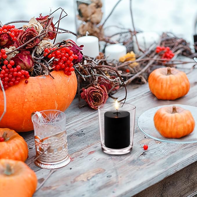 2.0 inch Black Votive Candles, 24 Packs Unscented Small Dripless Wax Candles for Halloween Wedding, Party, Holiday & Home Decor, 12 Hour Burning