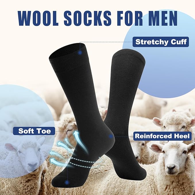 BISOUSOX Merino Wool Socks for Men, Thin Wool Socks Mens Black Dress Sock Crew Calf Long Tube Boot Size 9-12