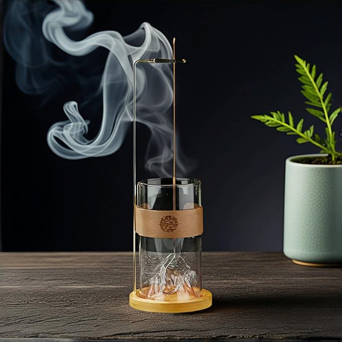 Incense Holder for Sticks with Glass Ash Catcher - Zen Mountain Design, Solid Wood Base & Gold Clip for 1-5mm Sticks, Meditation Yoga Decor (10.8 Inch)