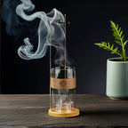 Incense Holder for Sticks with Glass Ash Catcher - Zen Mountain Design, Solid Wood Base & Gold Clip for 1-5mm Sticks, Meditation Yoga Decor (10.8 Inch)