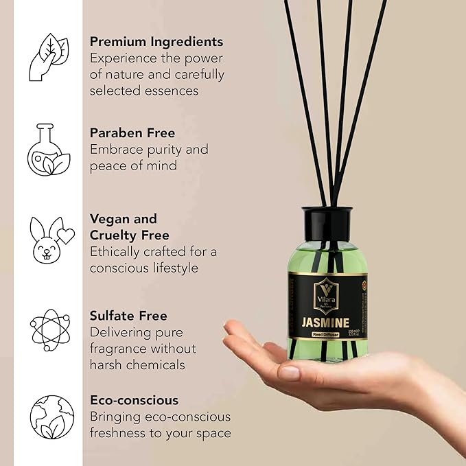 Luxury Reed Diffuser Set - 110ml Aromatherapy Diffuser with Natural Sticks, Aesthetic Room Decor, Long-Lasting Air Freshener for Home, Bathroom, and Office, Essential Oil Stick Diffuse (Jasmine Pack)