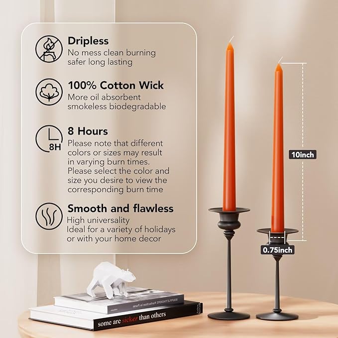New Burning Formula Unscented Dripless 10-Inch Taper Candles Set of 12 - Orange, for Wedding, Dinner - Smokeless, Long Burning - Hand Poured, Colored Tall Candlesticks - Naranja