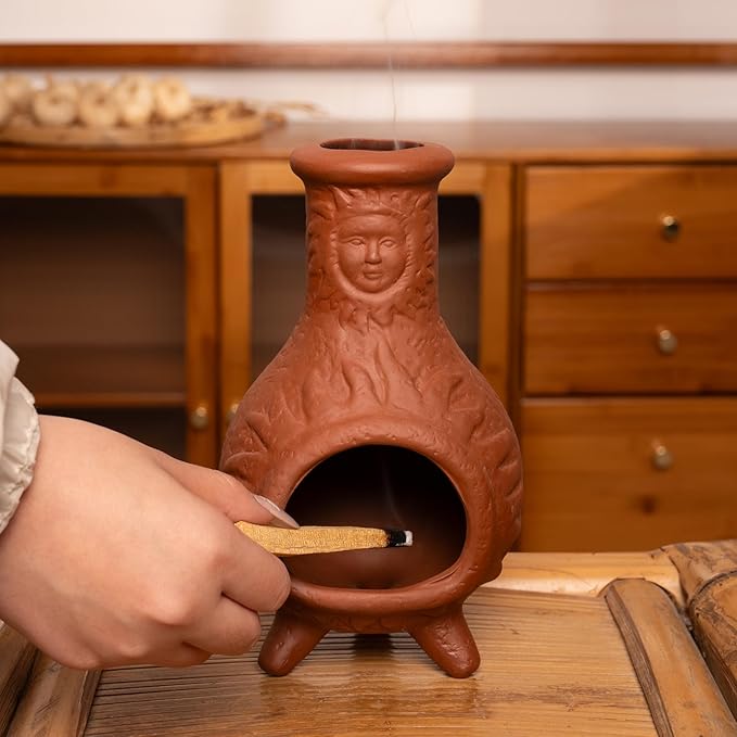 Handcrafted Terracotta Palo Santo Holder with Sun Face Design - Mini Chiminea Incense Burner for Sage & Copal - Thoughtful Gifts for Meditation, Yoga, Aromatherapy