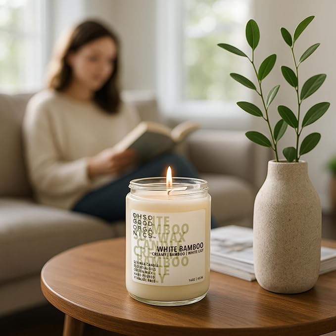 Scented Soy Wax Candle for Home, White Bamboo Candle and Lily, Essential Oils, Soy Candles Non Toxic, Aromatherapy Candles, 16oz, 60 Hours Burn Time, Fresh Bamboo and Green Floral Scent