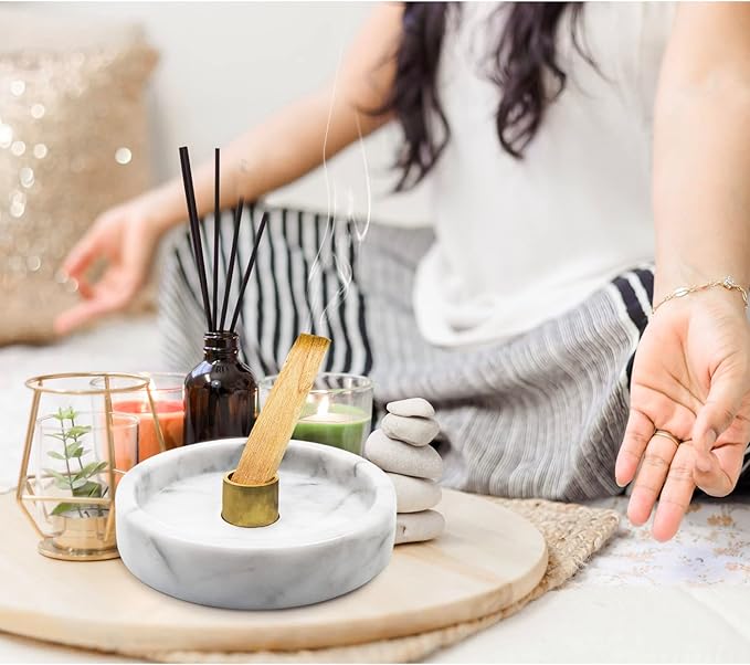 Natural Marble Palo Santo Holder,Incense Burner for Palo Santo Sticks, Handmade Stick Incense Holder Ideal for Smudging, Incense Burning, Decoration.Easily Grab All Incense Ash (White)