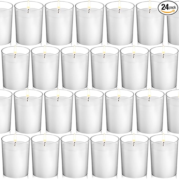 flamecan (Set of 24) Votive Candles, Unscented White Wax, for Wedding, Birthday, Party, Spa, Holiday, Home Decoration (15 Hour Burn Time)