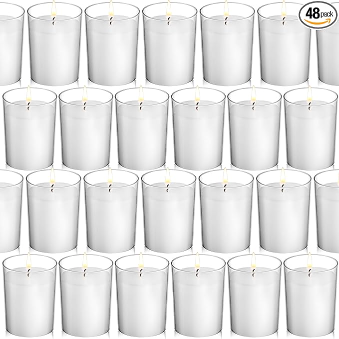 flamecan (Set of 48) Votive Candles, Unscented White Wax, for Wedding, Birthday, Party, Spa, Holiday, Home Decoration (15 Hour Burn Time)