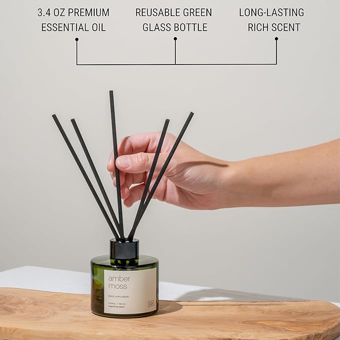 Craft & Kin Amber Moss Reed Diffuser | All Natural Essential Oil & Rattan Scent Sticks | Fall Reed Diffusers for Home, Bathroom | Long Lasting Home Fragrance in Green Glass, 3.4oz