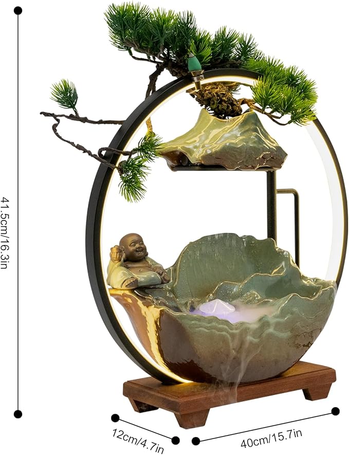 Backflow Incense Holder with Water Fountains and LED Light, Rockery, Maitreya and Plants Perfect for Relaxing or Home Decor (Maitreya witn Rockery)