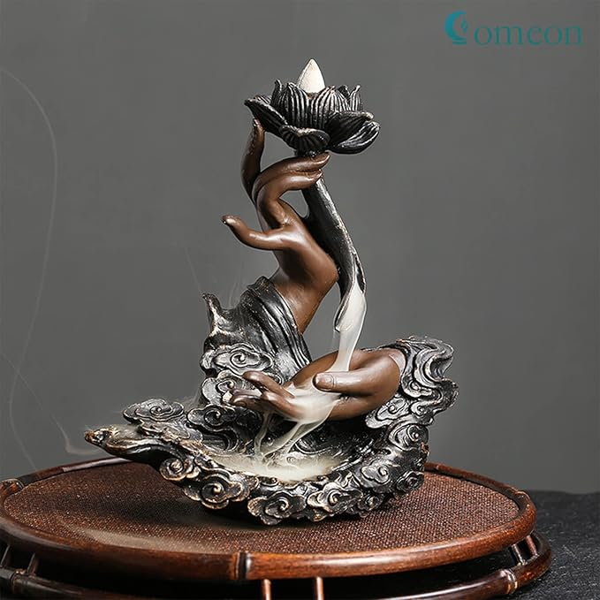 Comeon Backflow Incense Burner Handmade Resin Waterfall Incense Holder Ruyi Zen Hand Incense Waterfall Burner Home Decor + 20 Backflow Incense Cones 30 Incense Sticks 1 Tweezer 1 Mat